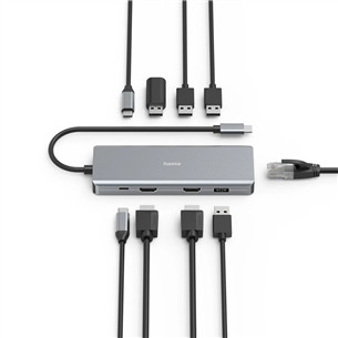 Hama CONNECT2Media, USB-C Hub, 9 lizdai, 100 W, pilkas - Nešiojamojo kompiuterio šakotuvas