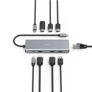 Šakotuvas Hama CONNECT2Media, USB-C Hub, 9 ports, 100 W, gray