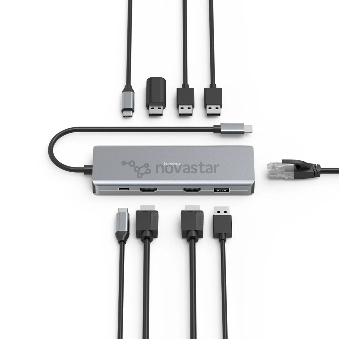 Hama CONNECT2Media, USB-C Hub, 9 lizdai, 100 W, pilkas - Nešiojamojo kompiuterio šakotuvas