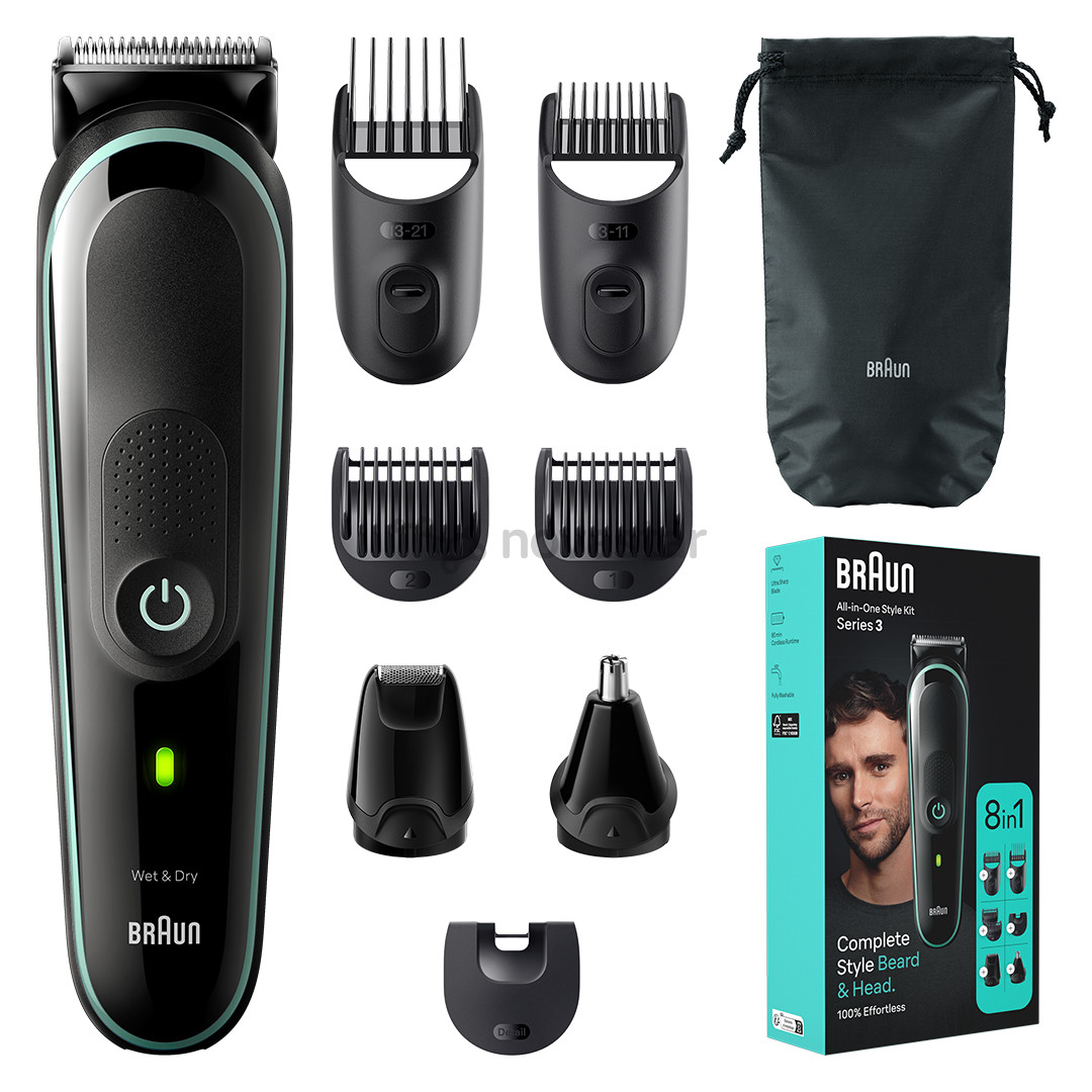Plaukų kirpimo mašinėlė Braun Series 3, Wet & Dry, 8-in-1, juoda/žalia