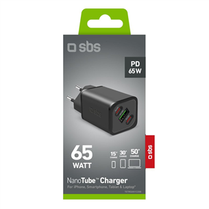 Adapteris SBS GaN charger with Power Delivery, 65 W, black