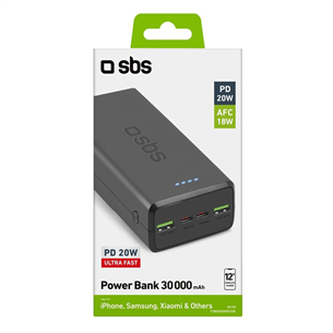 SBS Ultra Fast, 30 000 mAh, USB-A, USB-C, juoda - Išorinė baterija