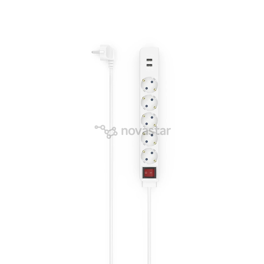 Hama Power Strip, 5-way, 2x USB-A, 17 W, 1.4 m, baltas - Šakotuvas