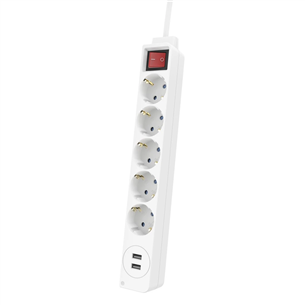 Hama Power Strip, 5 розеток, 2x USB-A, 17 Вт, 1,4 м, белый - Удлинитель