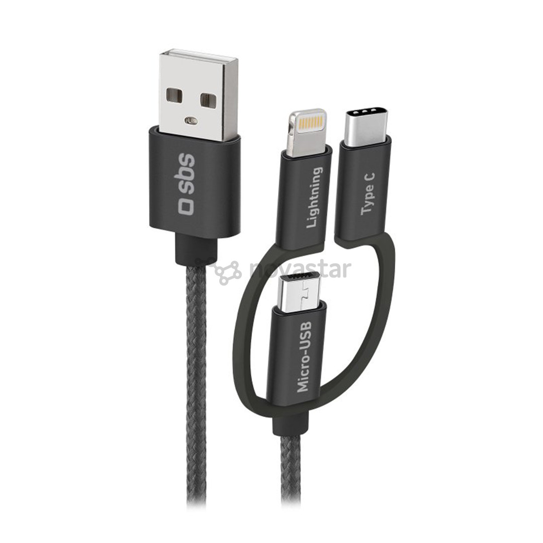 SBS USB / Micro USB, USB-C, Lightning, juodas - USB laidas
