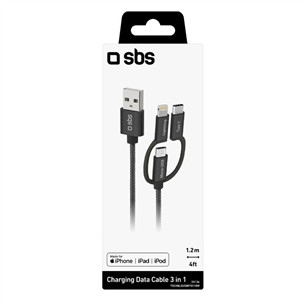 SBS USB / Micro USB, USB-C, Lightning, juodas - USB laidas