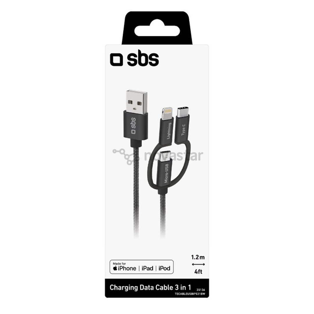 SBS USB / Micro USB, USB-C, Lightning, juodas - USB laidas