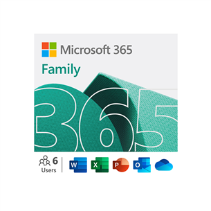 Microsoft 365 Family, 12 mėn. prenumerata, 6 naudotojai / 5 įrenginiai, 1 TB OneDrive, ENG - Programinė įranga 6GQ-01897