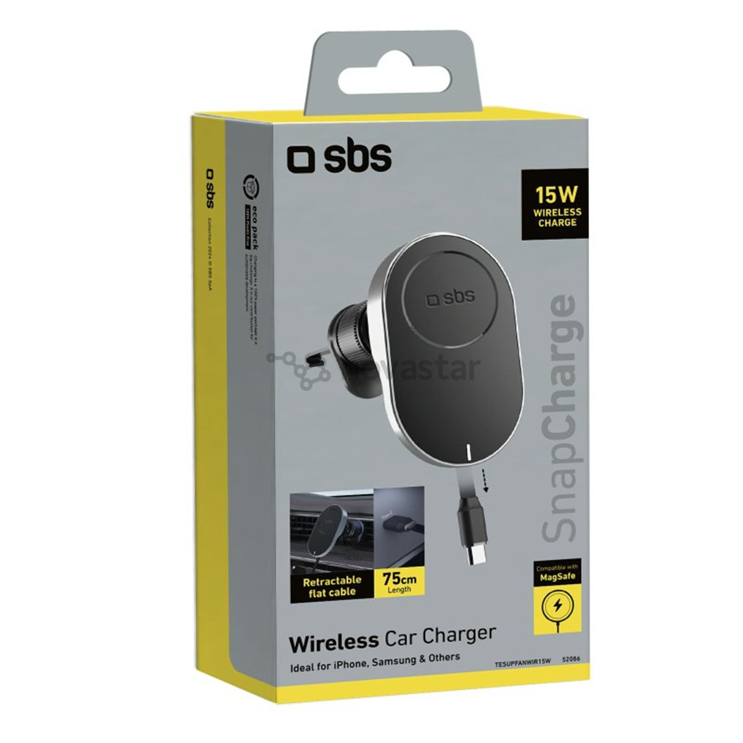 SBS 15W Car Holder, Magsafe, втягивающийся кабель, черный - Автомобильное беспроводное зарядное устройство