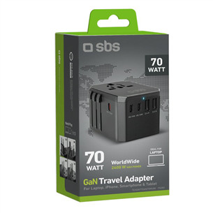 SBS GaN universal travel adapter, 70 W, juodas - Maitinimo adapteris