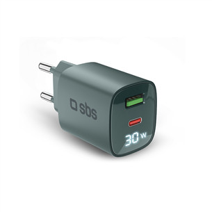 SBS LCD Wall Charger, USB-A, USB-C, LCD, 30 W, šviesiai mėlynas - Maitinimo adapteris TETRGANLCD1USB1C30A