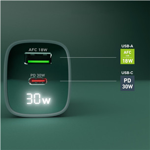 SBS LCD Wall Charger, USB-A, USB-C, LCD, 30 W, šviesiai mėlynas - Maitinimo adapteris