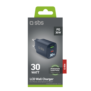 Adapteris SBS LCD Wall Charger, USB-A, USB-C, LCD, 30 W, mėlynas