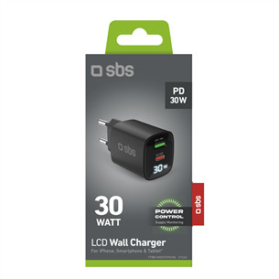 SBS LCD Wall Charger, USB-A, USB-C, LCD, 30 W, juodas - Maitinimo adapteris