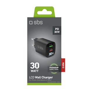 Adapteris SBS LCD Wall Charger, USB-A, USB-C, LCD, 30 W, juodas