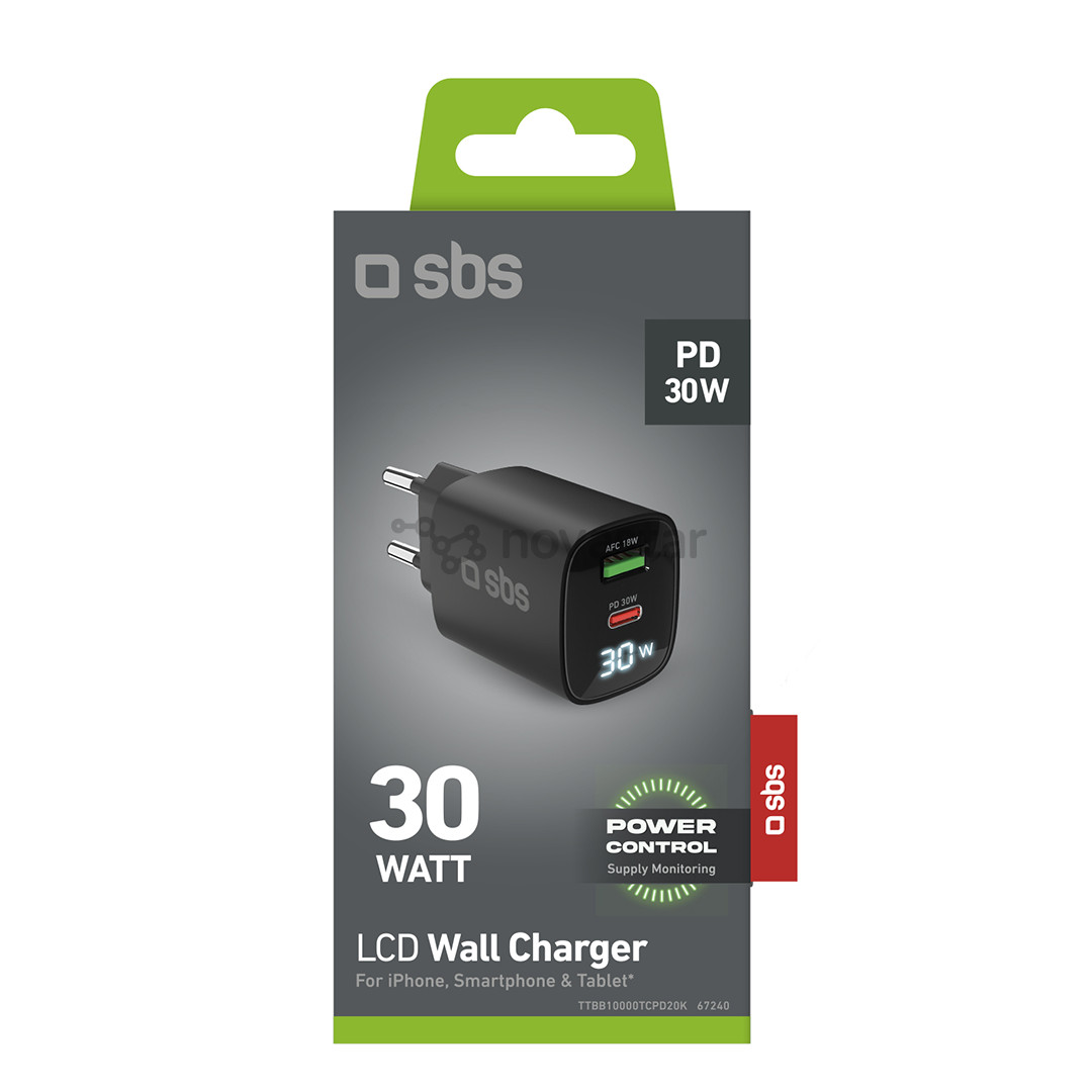 SBS LCD Wall Charger, USB-A, USB-C, LCD, 30 W, juodas - Maitinimo adapteris