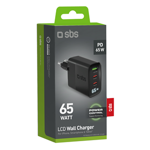 Adapteris SBS LCD Wall Charger, USB-A, 2x USB-C, LCD, 65 W, juodas