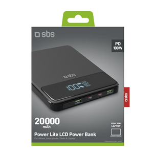 Išorinė baterija SBS Power Lite, 20000 mAh, LCD, juoda