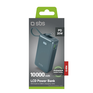 Išorinė baterija SBS LCD Power Bank, 10000 mAh, žydra