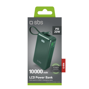 Išorinė baterija SBS LCD Power Bank, 10000 mAh, žalia
