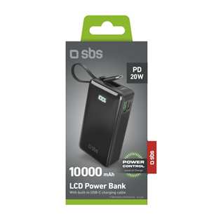 Išorinė baterija SBS LCD Power Bank, 10000 mAh, juoda