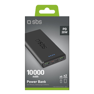 Išorinė baterija SBS Power Bank, 10000 mAh, 20 W, juoda