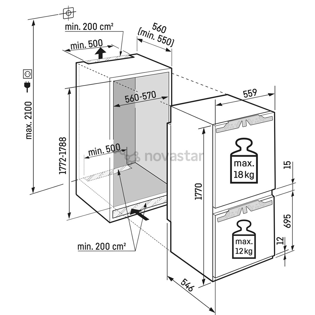 Liebherr, NoFrost, 253 L, aukštis 177 cm - Įmontuojamas šaldytuvas