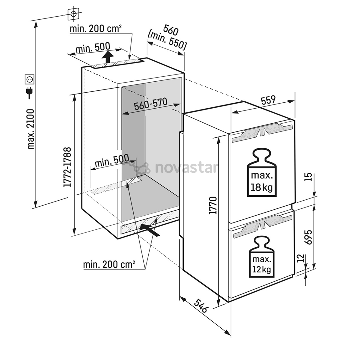 Liebherr, NoFrost, 253 L, aukštis 177 cm - Įmontuojamas šaldytuvas