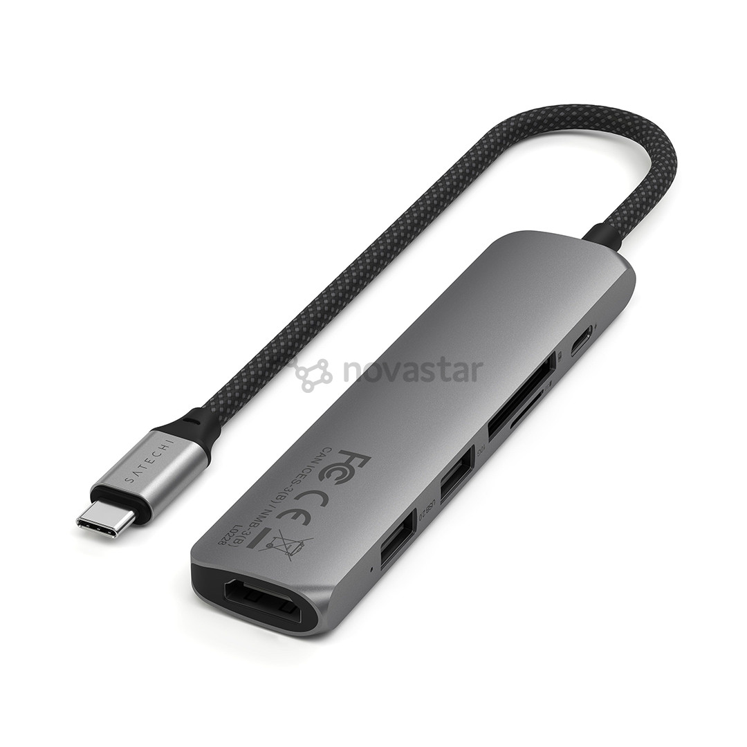 USB šakotuvas  Satechi 6-in-1 USB-C Slim Multiport Adapter, pilkas