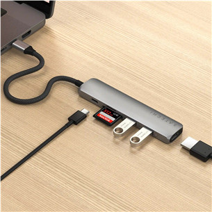 USB šakotuvas  Satechi 6-in-1 USB-C Slim Multiport Adapter, pilkas