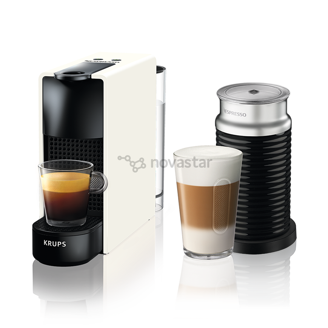 Kapsulinis kavos aparatas + Aeroccino pieno plakiklis, Krups Nespresso Essenza Mini, baltas