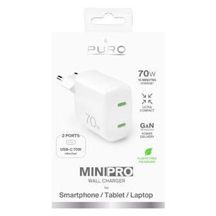 Įkroviklis Puro MiniPro GaN Wall Charger, USB-C, 70W, baltas