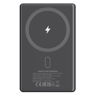 Išorinė baterija Canyon OnCharge 505 Slim Magsafe, 5000 mAh, belaidis įkrovimas, USB-C, tamsiai pilka