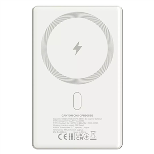 Išorinė baterija Canyon OnCharge 505 Slim Magsafe, 5000 mAh, belaidis įkrovimas, USB-C, smėlio spalvos