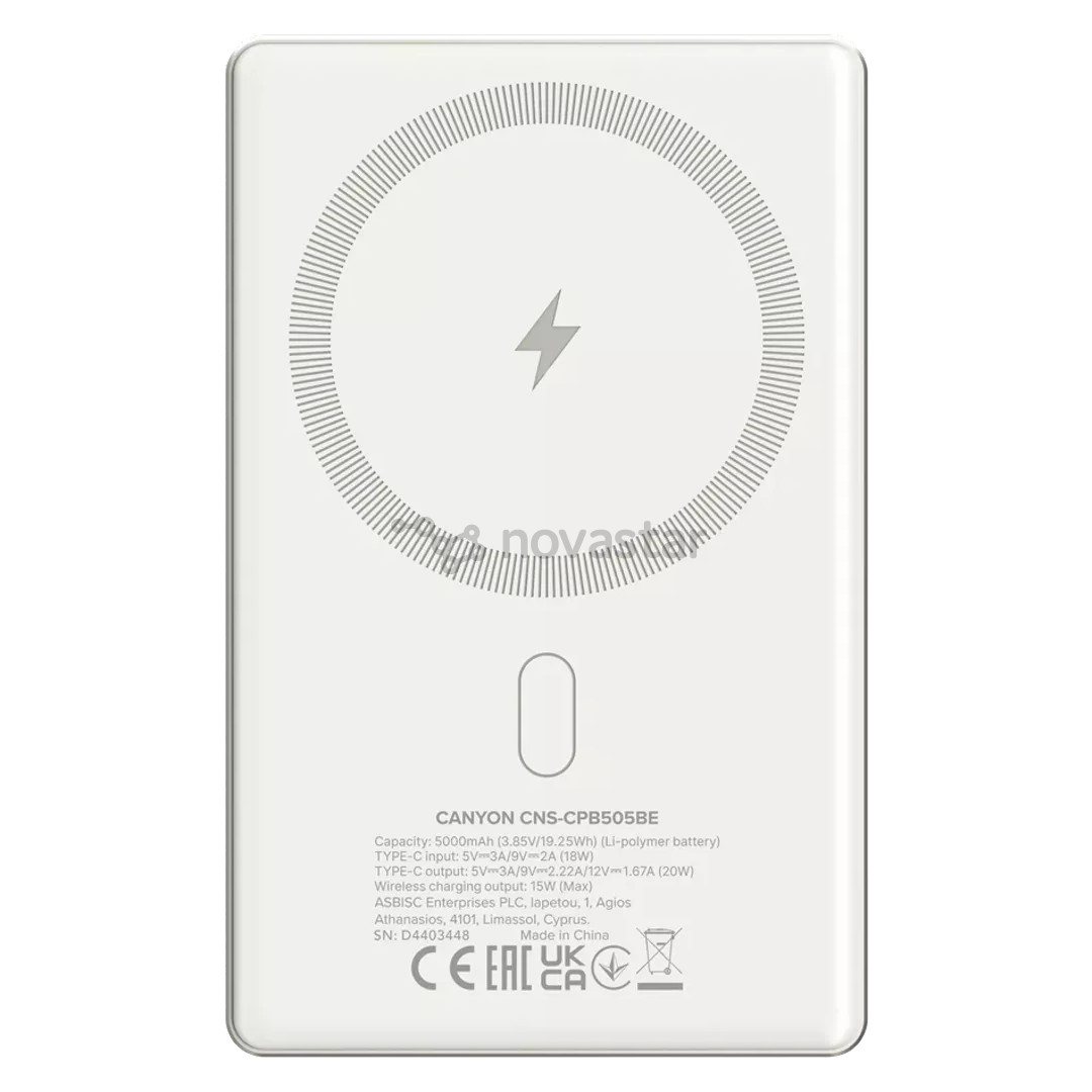 Canyon OnCharge 505 Slim Magsafe, 5000 mAh, wireless charging, USB-C, beige - Powerbank