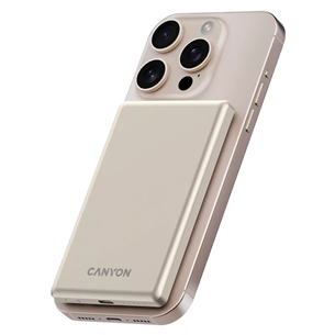 Išorinė baterija Canyon OnCharge 505 Slim Magsafe, 5000 mAh, belaidis įkrovimas, USB-C, smėlio spalvos