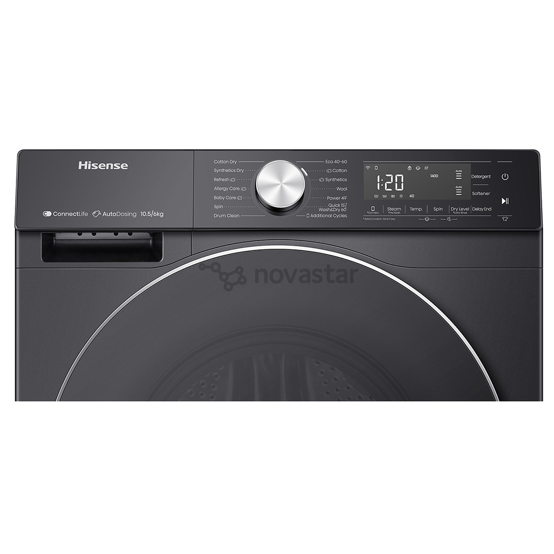 Hisense, 10,5 кг / 6 кг, глубина 59 см, 1400 об/мин, черный - Стирально-сушильная машина