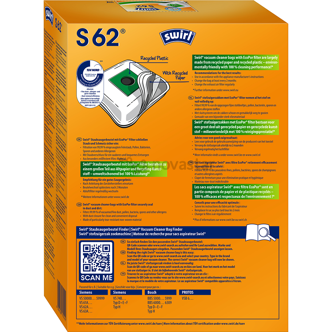 Dulkių siurblių maišeliai Swirl Micropor S 62, 4vnt