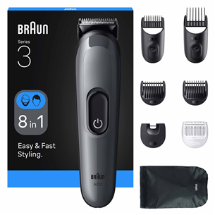 Plaukų kirpimo mašinėlė Braun Series 3, 8-in-1, tamsiai pilka AIO3540