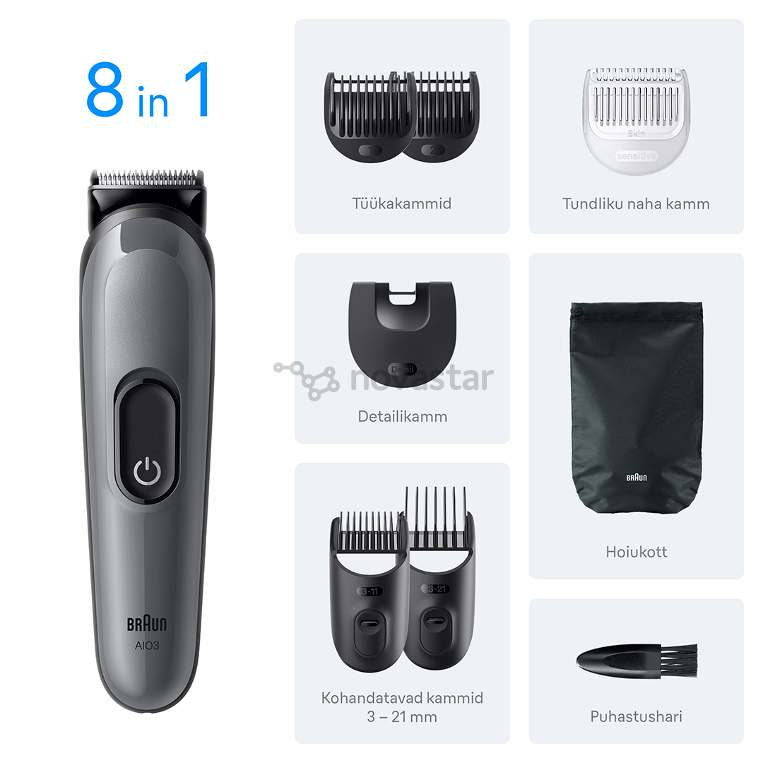 Plaukų kirpimo mašinėlė Braun Series 3, 8-in-1, tamsiai pilka
