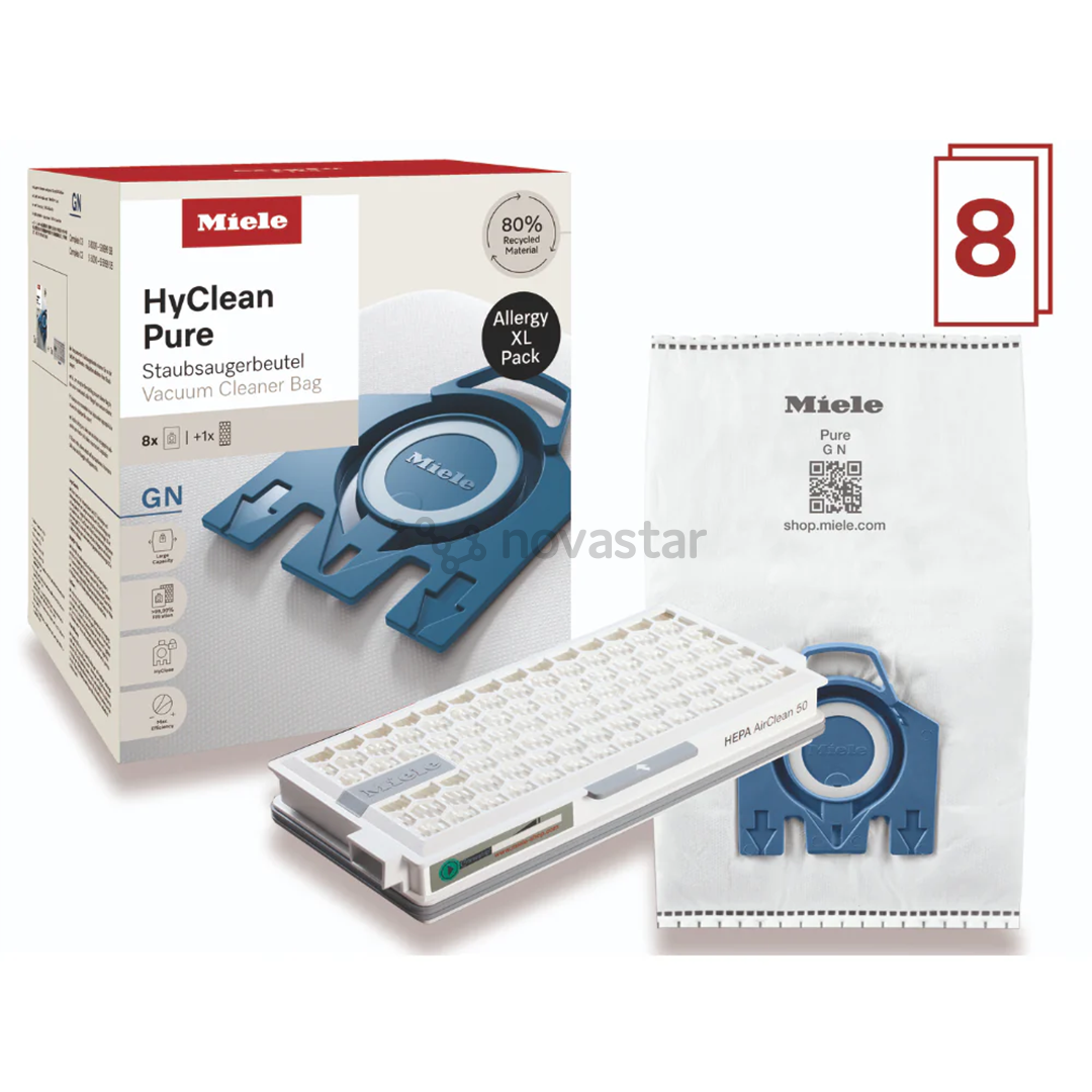 Miele HyClean Pure Allergy XL pakuotė, 8 vnt. - Dulkių siurblių maišeliai + HEPA AirClean filtras