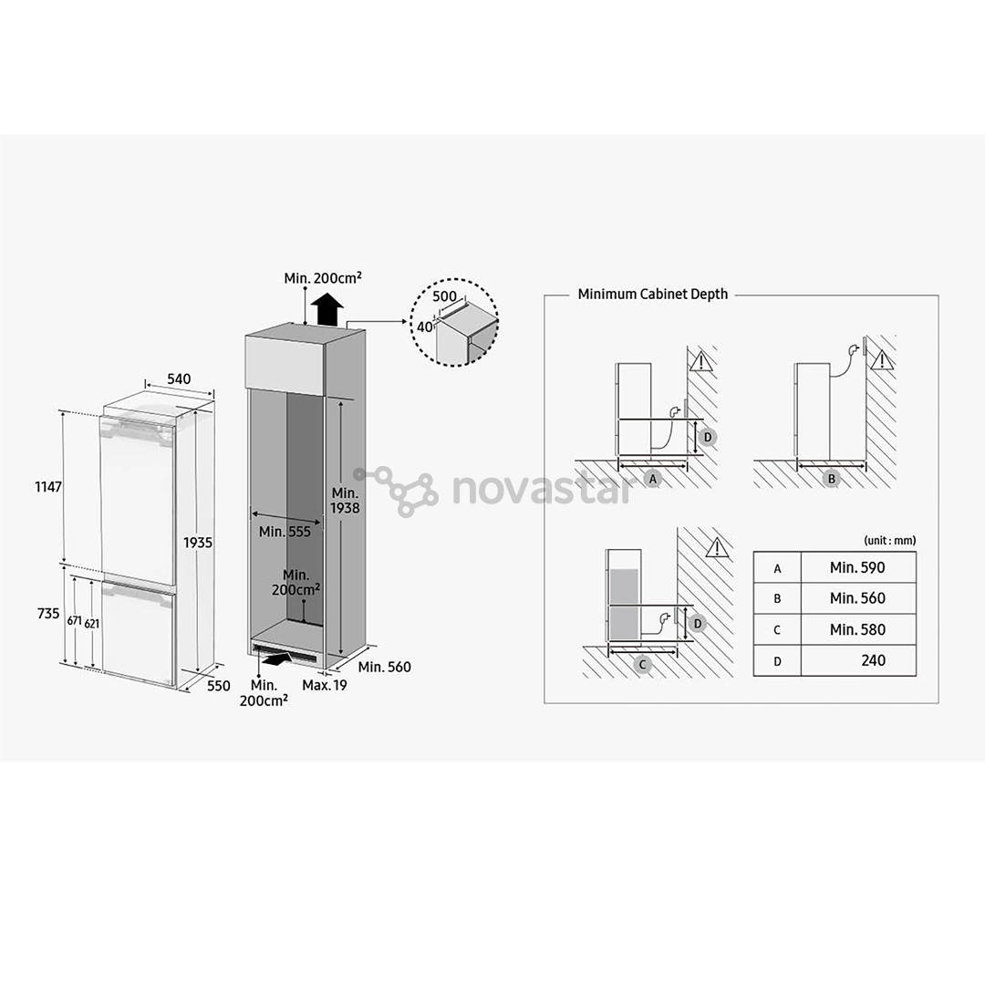 Samsung, NoFrost, 298 L, 194 cm - Įmontuojamas Šaldytuvas