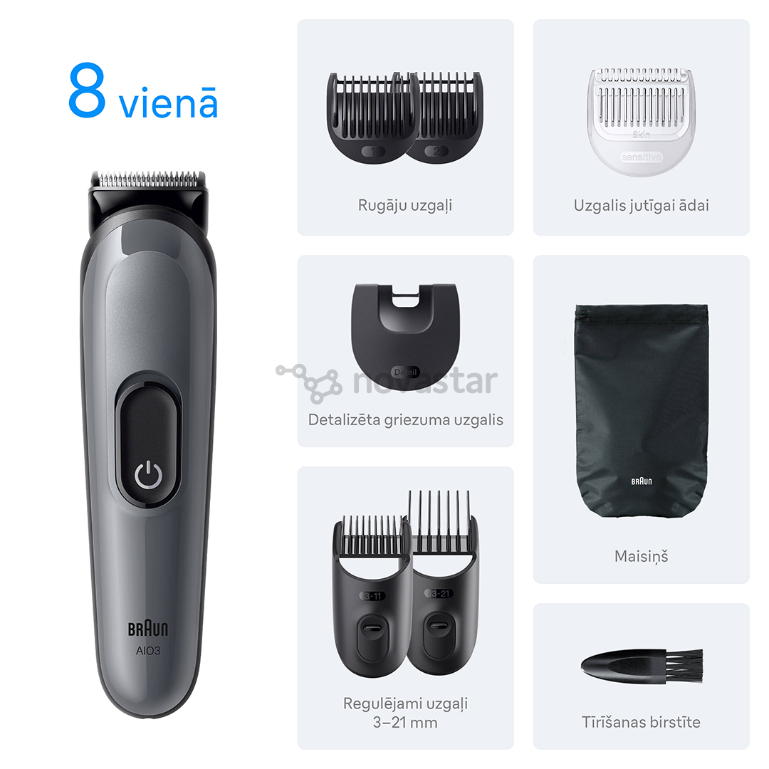 Plaukų kirpimo mašinėlė Braun Series 3, 8-in-1, tamsiai pilka