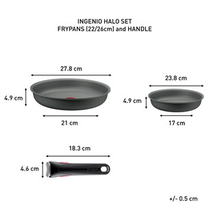 Tefal Ingenio Halo, 22/26 cm, 3 dalių, pilkas - Keptuvių rinkinys + nuimama rankena