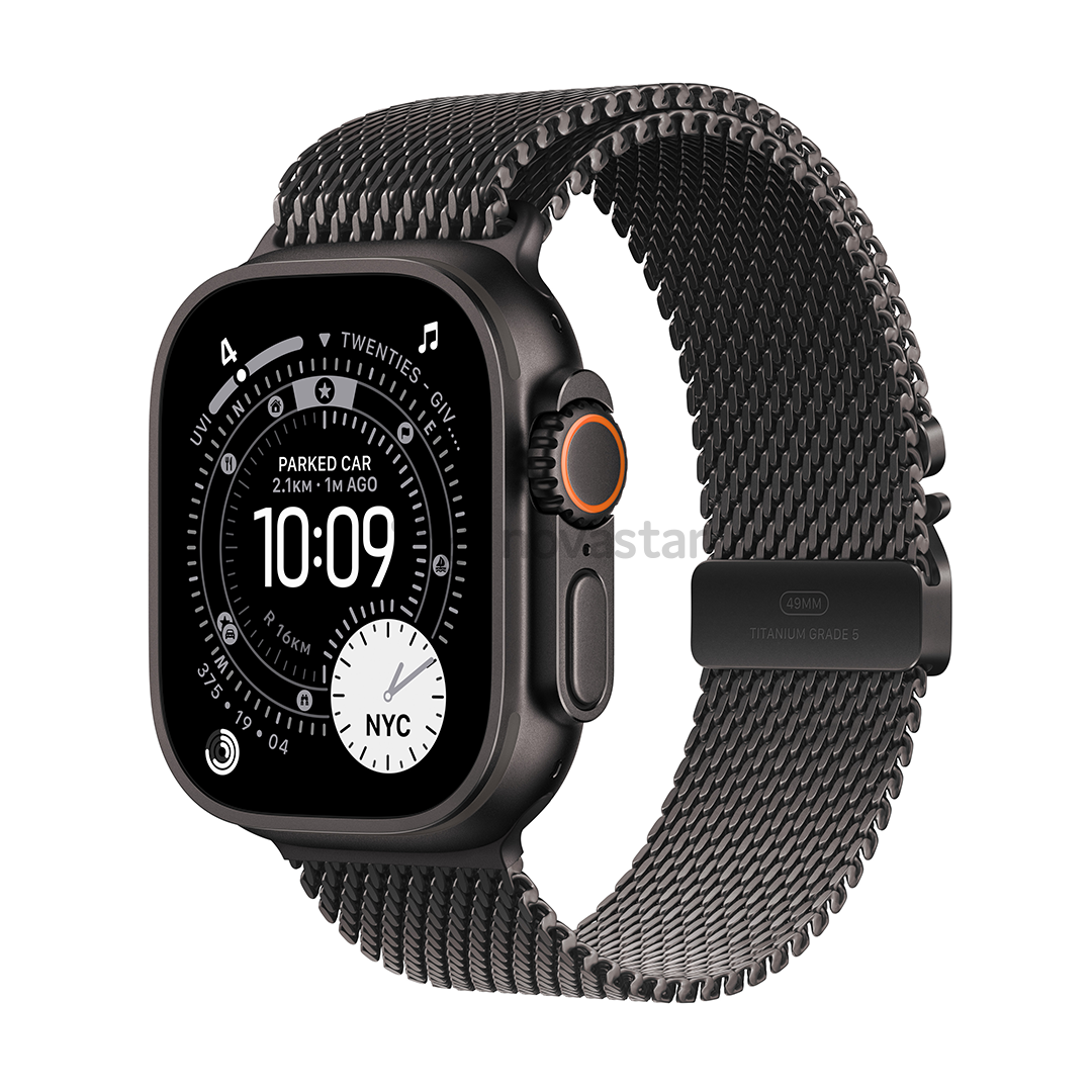 Apple Watch Ultra 3, 49 мм, Titanium Milanese Loop, Small, черный титан / черный - Смарт-часы