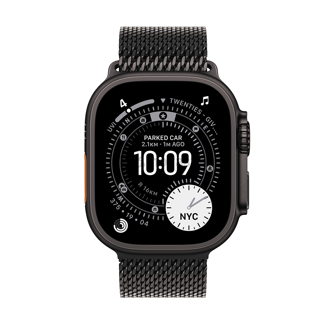 Apple Watch Ultra 3, 49 мм, Titanium Milanese Loop, Small, черный титан / черный - Смарт-часы