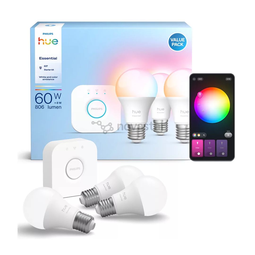 Philips Hue Essential Starter Kit, A60 + Hue Bridge, Full Color, E27, 3 pc, white - Smart light