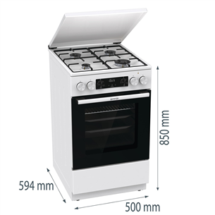 Gorenje, 62 L, plotis 50 cm, balta - Dujinė viryklė su elektrine orkaite