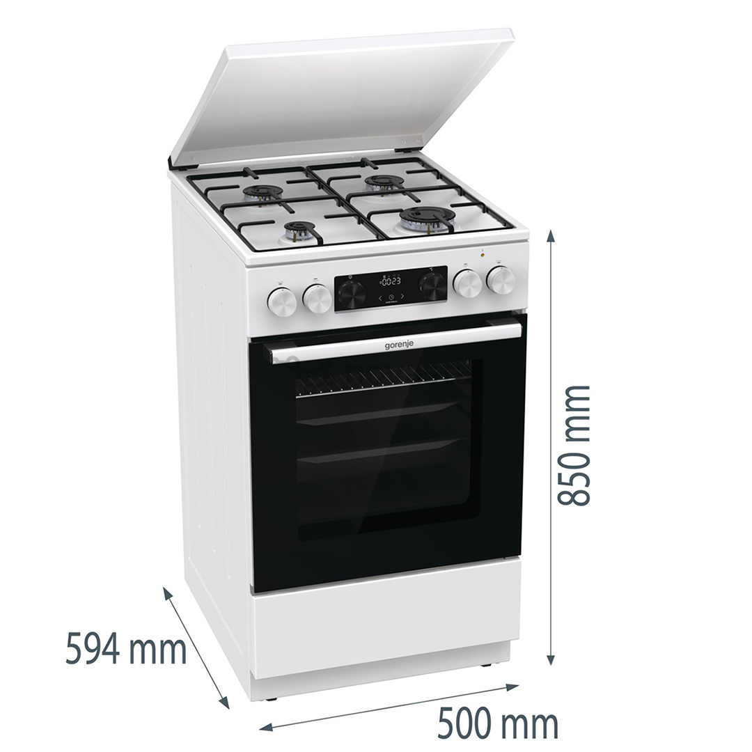 Gorenje, 62 L, plotis 50 cm, balta - Dujinė viryklė su elektrine orkaite
