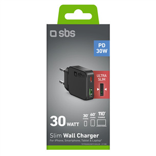 SBS Slim Wall Charger, USB-A, USB-C, 30 Вт, черный - Зарядное устройство
